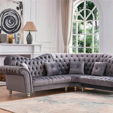 Luxury Dark Grey Velvet Chesterfield Corner Sofa 260cm - Immediate Delivery, Timeless Elegance - UK Luxury Furniture
